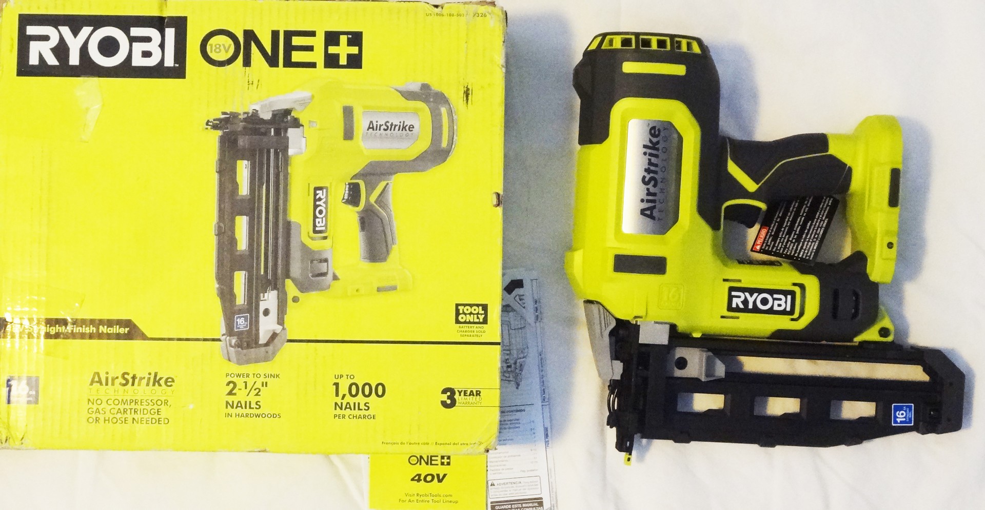 Ryobi ONE+ P326 18V 16Gauge Cordless AirStrike Finish Nailer, Tool